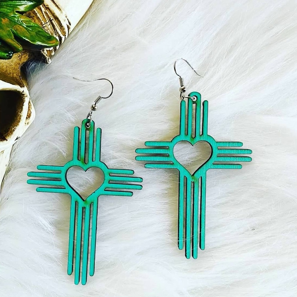 Turquoise painted wooden earrings